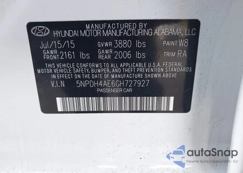 2016 Hyundai Elantra Se z USA, uszkodzony, nr VIN 5NPDH4AE6GH727927